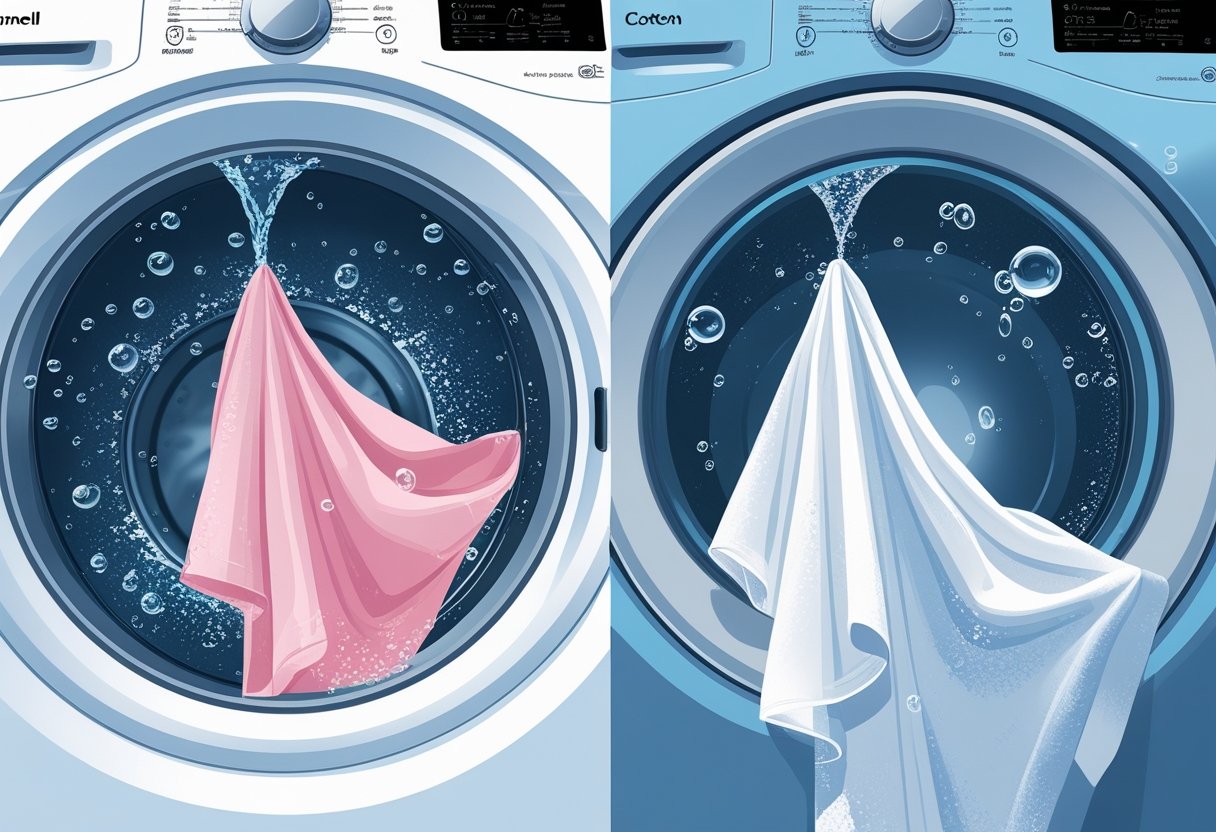 An illustration comparing lyocell and polyester fabrics, showing natural fibers being hand washed on one side and synthetic fibers in a washing machine on the other.