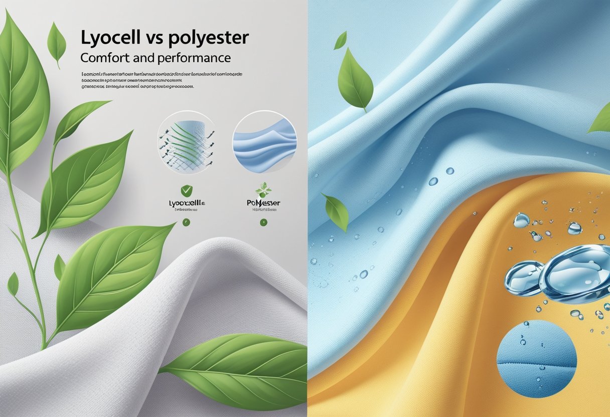 An illustration showing a side-by-side comparison of lyocell fabric with natural fibers and green leaves on one side, and polyester fabric with smooth synthetic texture and water droplets on the other side.