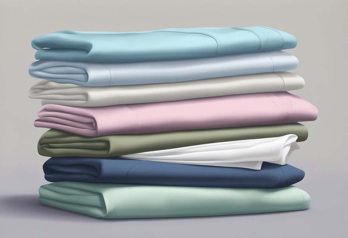 A stack of neatly folded bed sheets in various sizes and colors