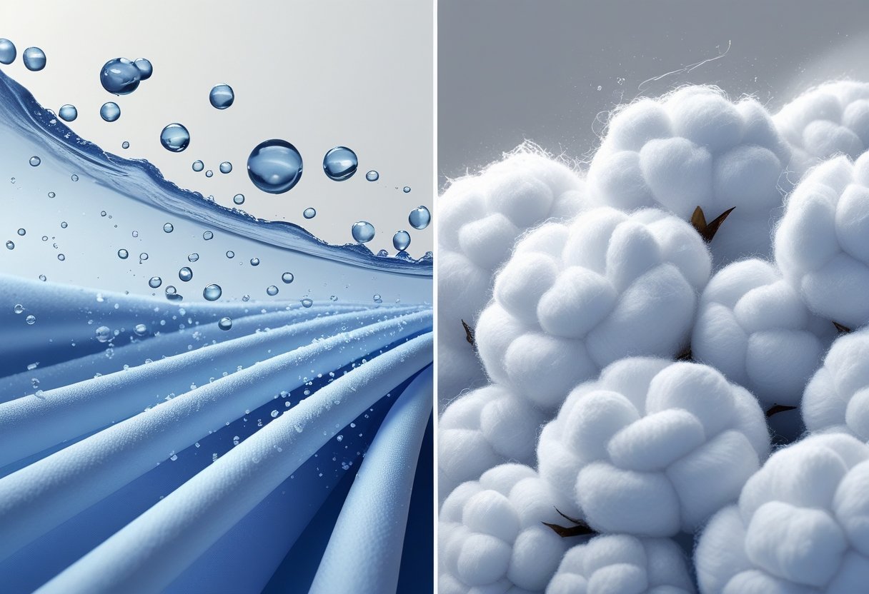 A detailed comparison of lyocell and cotton fibers showing moisture wicking on lyocell with water droplets moving away, and moisture absorption on cotton with water droplets held inside the fibers.