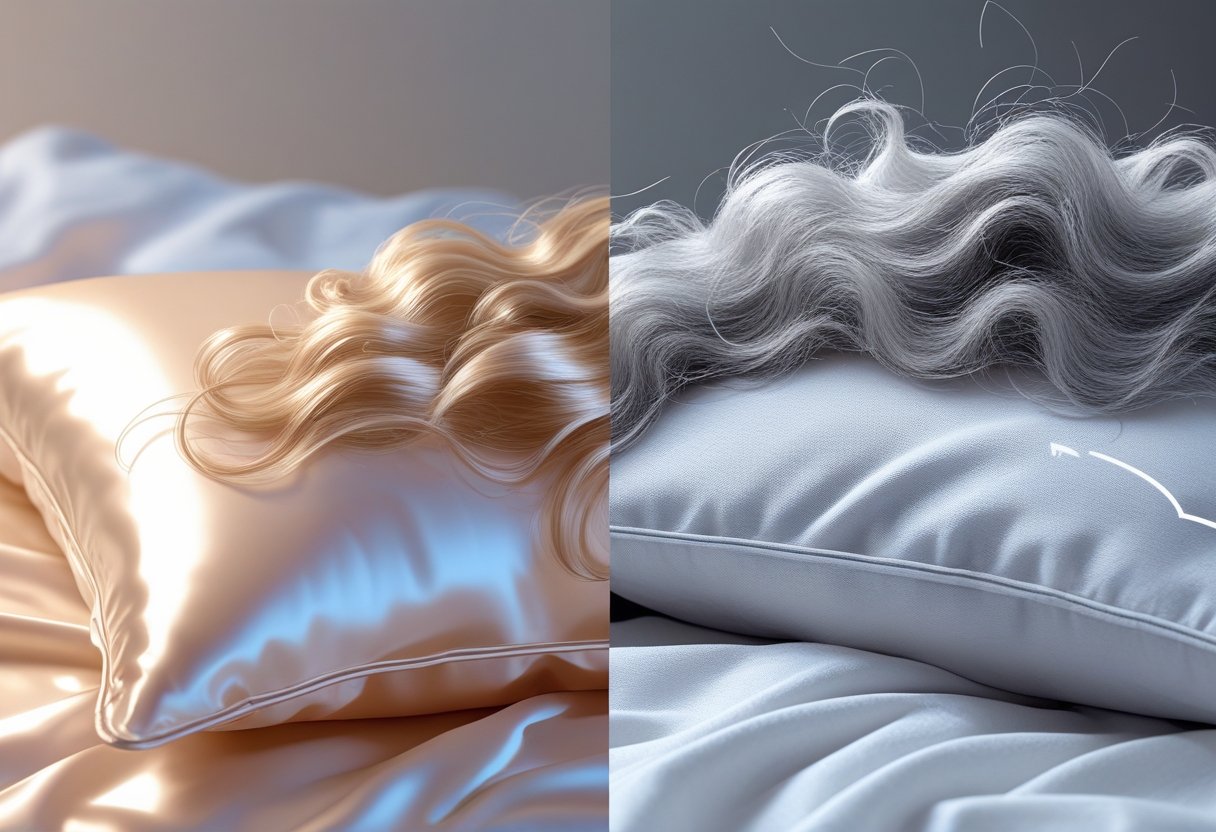 A side-by-side comparison of hair resting on a silk pillowcase and hair resting on a cotton pillowcase, showing smooth, healthy hair on the silk side and frizzy hair on the cotton side.