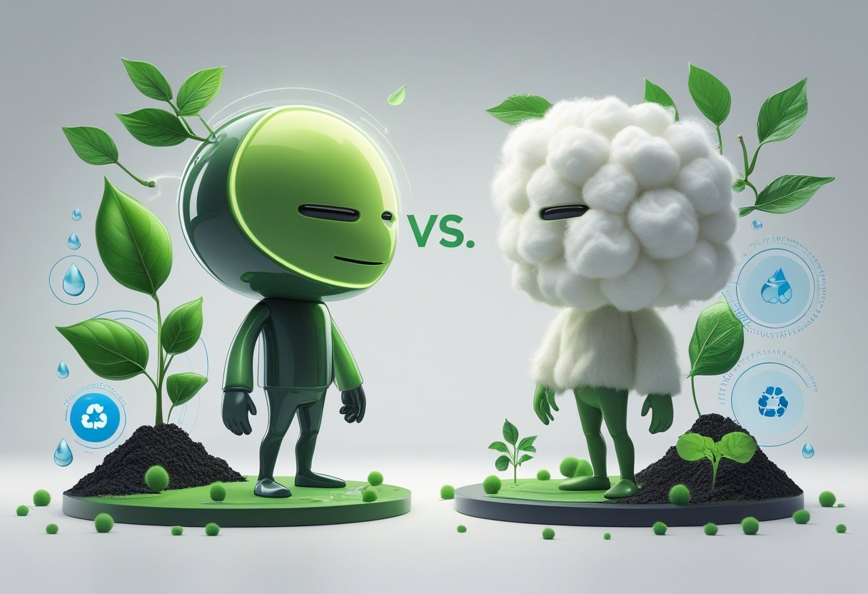 Two plant-like characters representing lyocell and cotton face each other with symbols of sustainability around them, showing a comparison of their environmental impact.