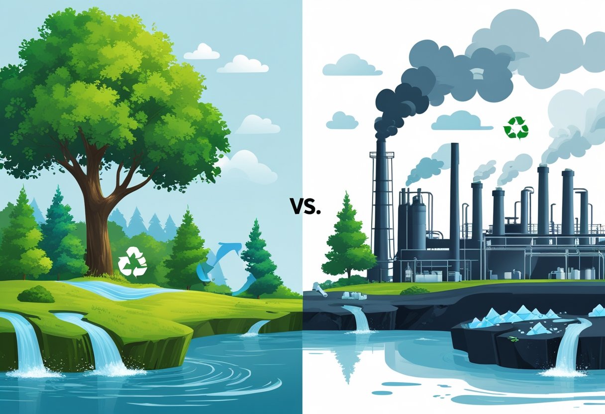 A split scene showing green trees and clean water on one side representing lyocell, and factory smoke with plastic waste on the other side representing polyester.