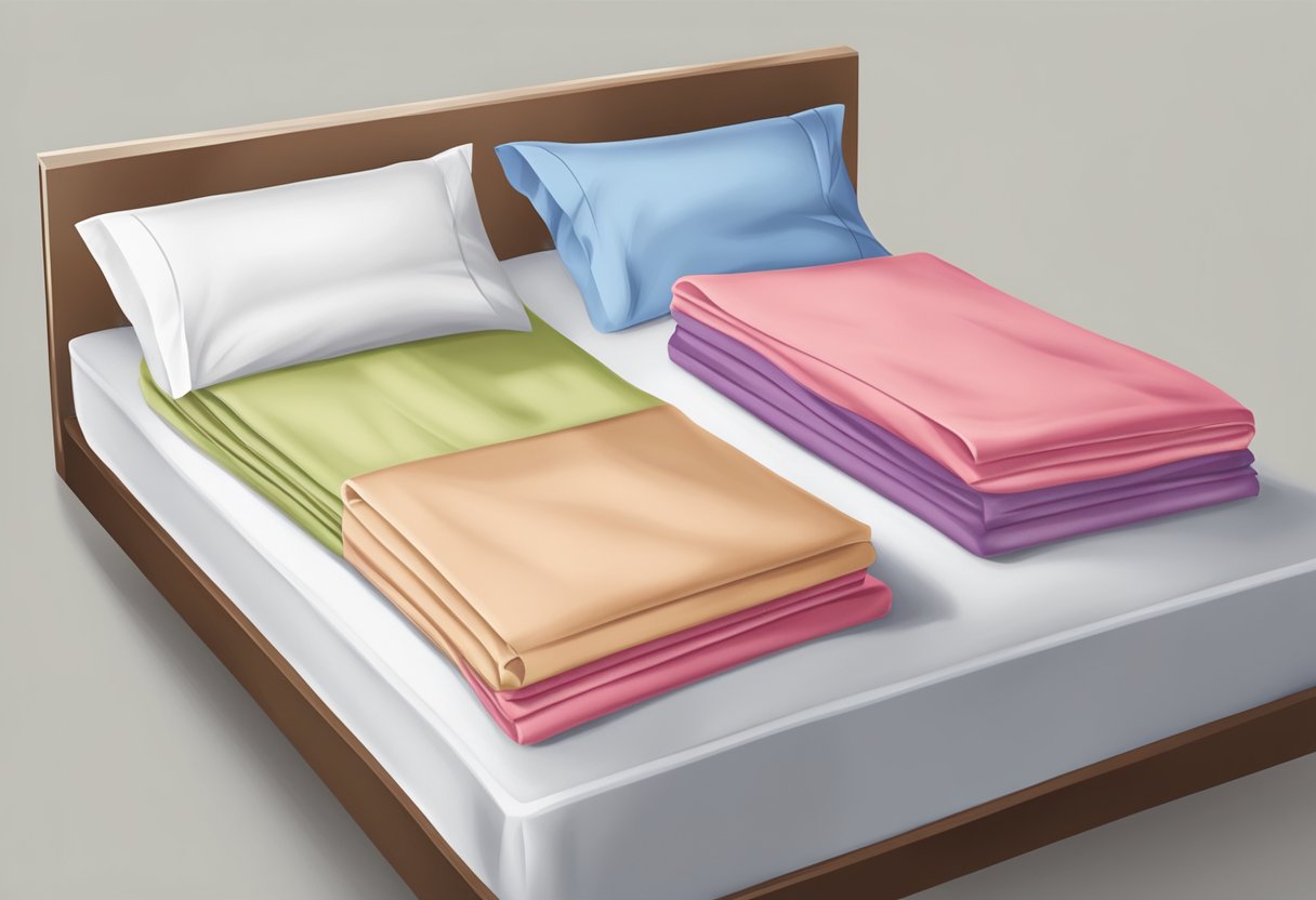 A bed with various sizes of neatly folded bed sheets on top