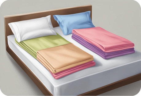 A bed with various sizes of neatly folded bed sheets on top.jpg