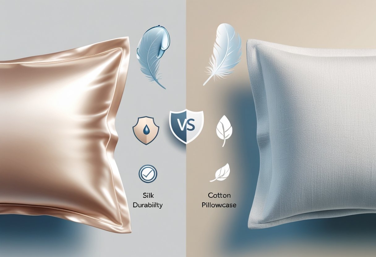 A side-by-side illustration of a silk pillowcase with water droplets and a cotton pillowcase with woven texture, highlighting their differences in durability and care.