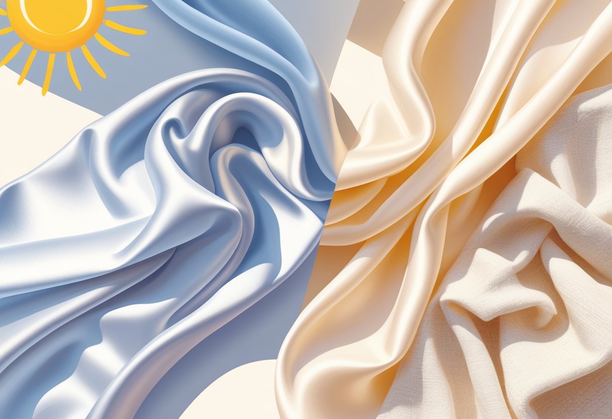 A split scene showing smooth silk fabric on one side and textured cotton and linen fabrics on the other, with warm sunlight in the background.
